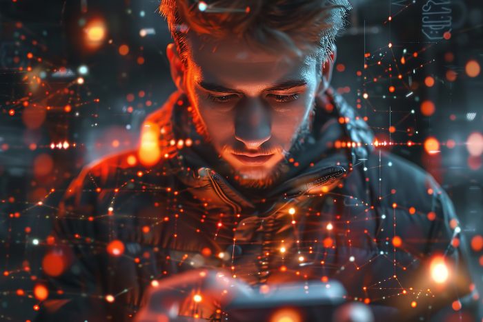 futuristic sim cards held by phone with man