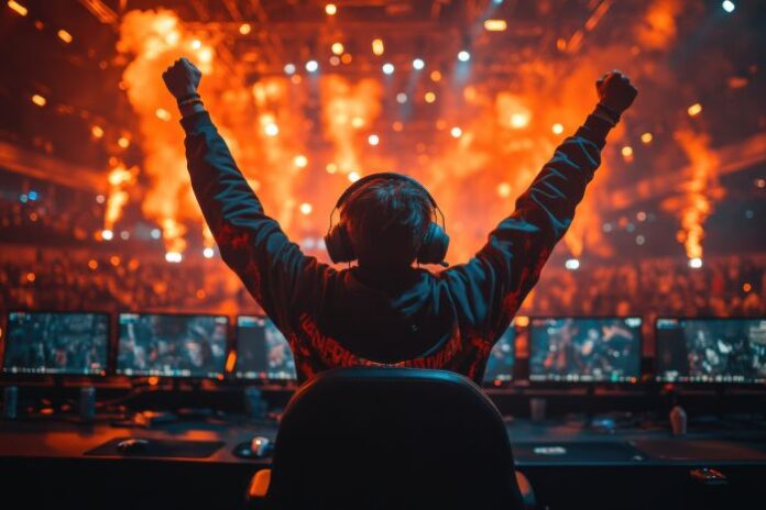 victorious-gamer-celebrates-esports-stage-with-raised-arms-surrounded-by-screens-fans mockup of player at dota 2's the international tournament Returns to Shanghai Amid Controversy