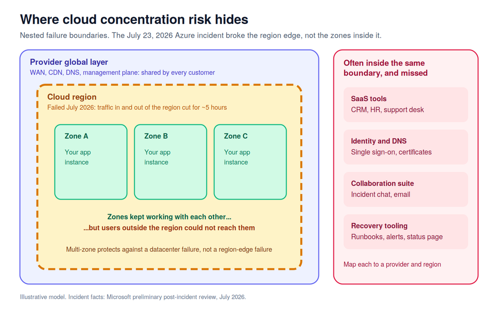 Cloud concentration risk failure boundaries diagram showing application, availability zones, cloud region, and provider network layers, with identity, SaaS, and recovery tooling inside the same boundary