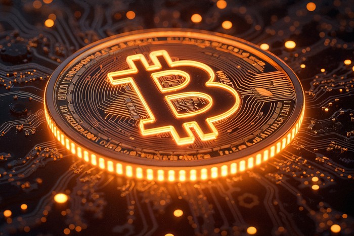 bitcoin infront of chip board
