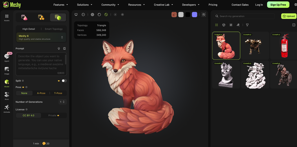 picture of fox in meshy 3d ai tool