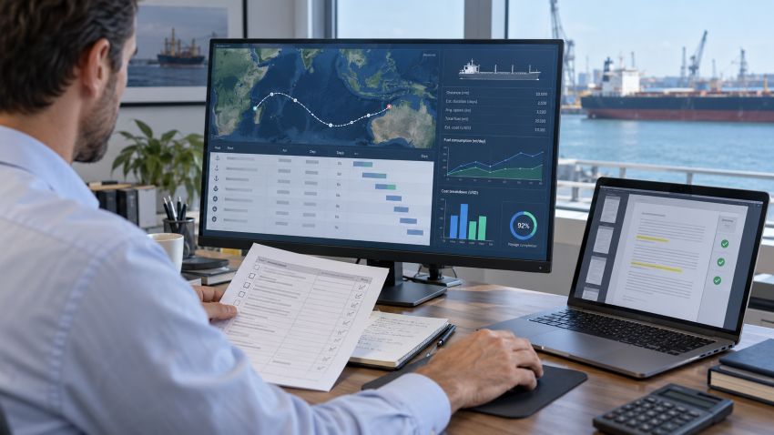 man ship chartering on his computer