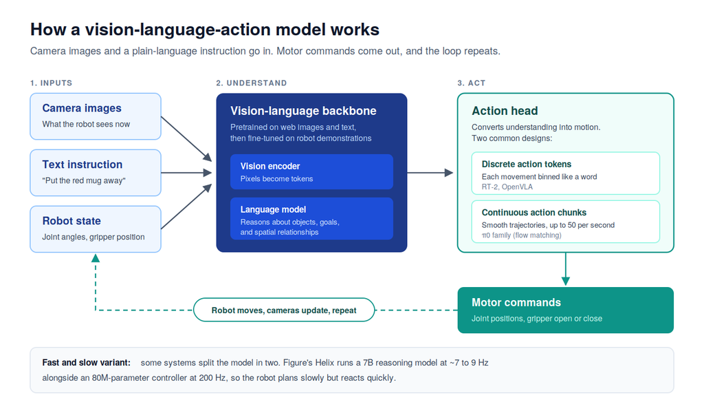 Vision-language-action models diagram showing camera images, a text instruction and robot state feeding a vision-language backbone and action head that outputs motor commands in a loop
