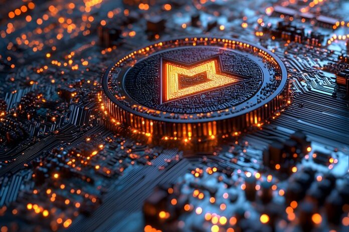 abstract-3d-illustration-cryptocurrency-coin-circuit-board picture of token for headline AI Token Budgeting Is Becoming a CFO Job, Says Dell Finance Chief