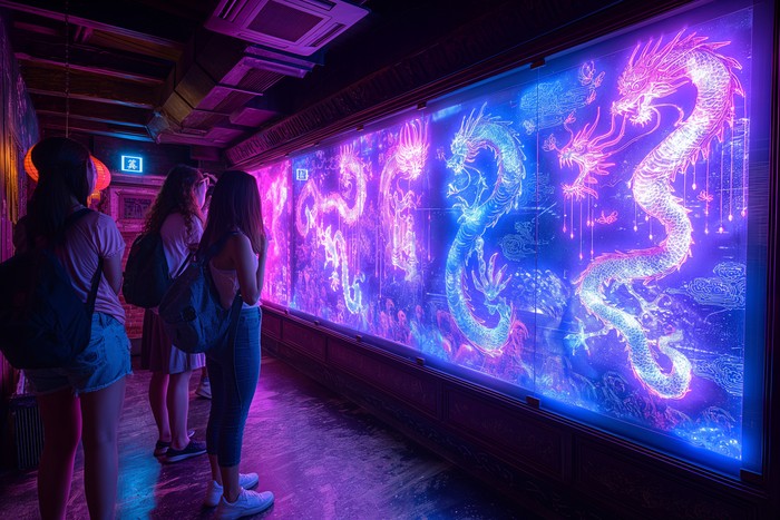 students looking at led displays