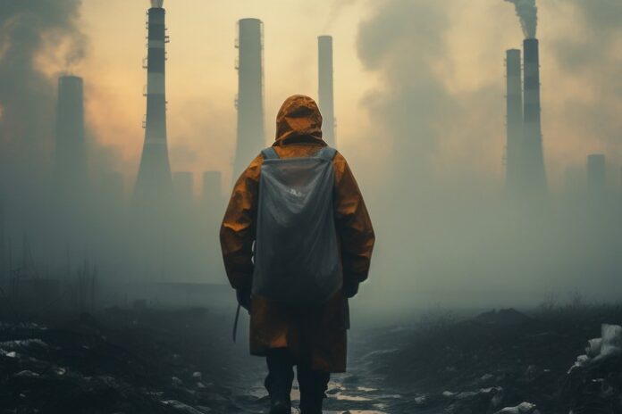 image of person walking with hazmat suit because of data center air pollution