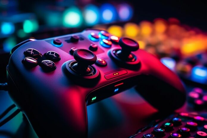 futuristic-video-game-equipment-illuminated-nightclub-generative-ai image of xbox controller for article Helen Chiang Xbox Departure Ends Brief Run as First COO