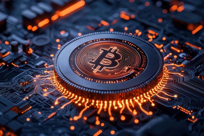 image of bitcoin crypto on a motherboard