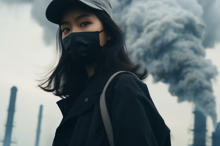 woman walking with mask because of data center air pollution